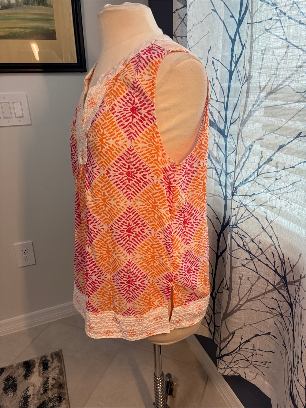 Sigrid Olsen Sleeveless Printed Tunic Top in Pink & Orange - Picture 3 of 6
